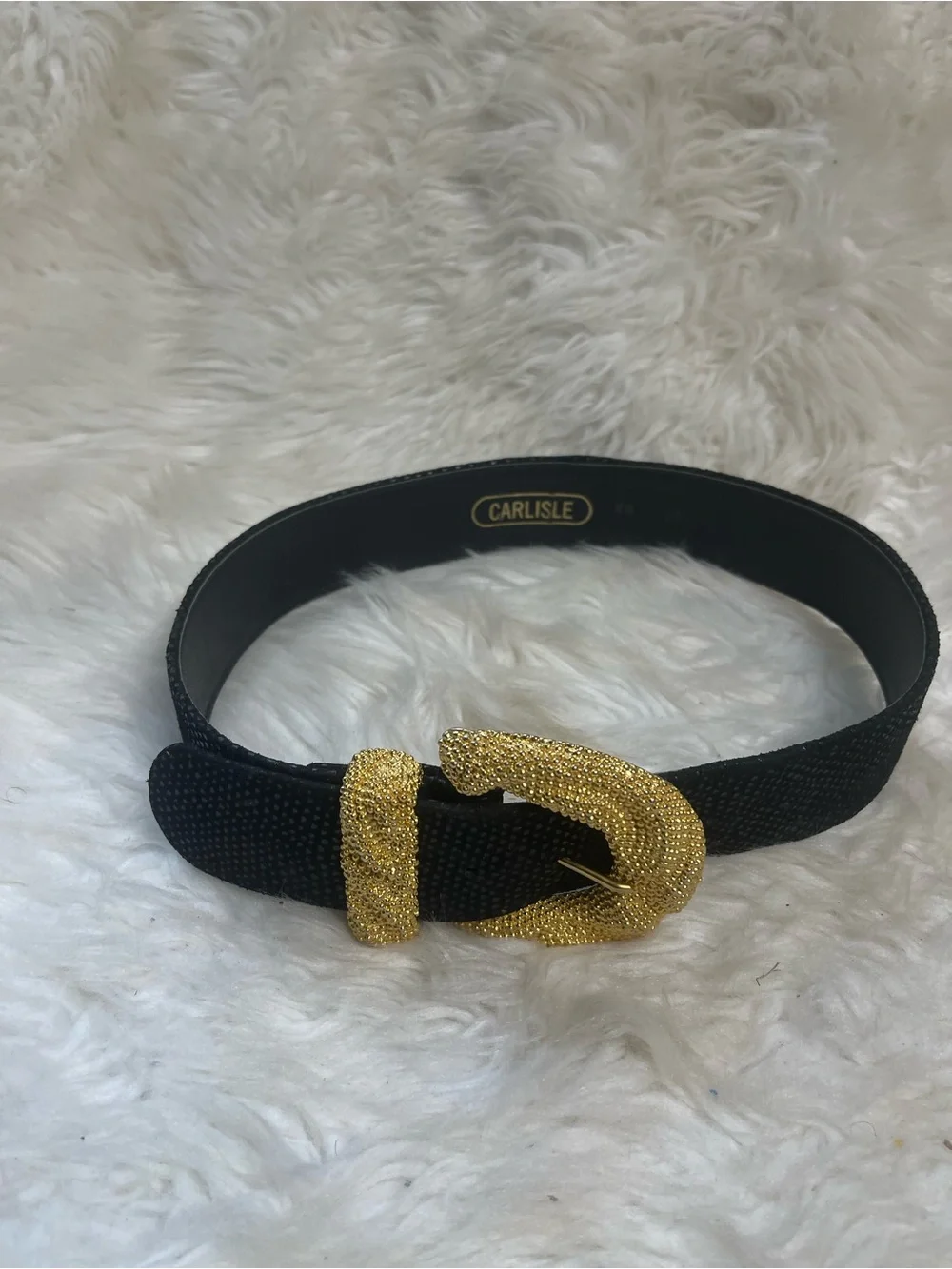 Carlisle leather black texture belt with oversized beaded gold tone buckle SZ XS